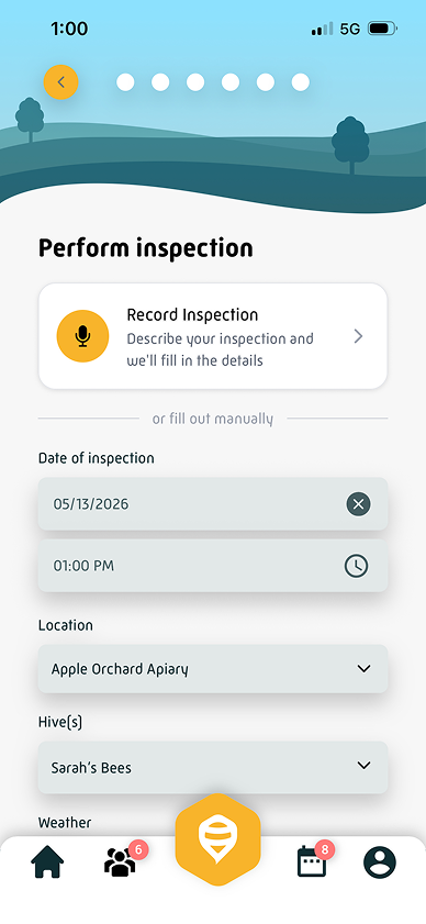 HiveTracks Perform Inspection screen showing date, location, and hive selection