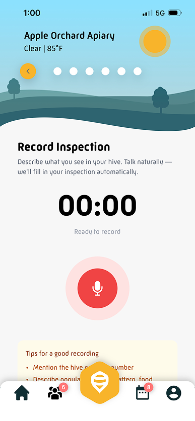 HiveTracks Record Inspection screen with microphone and timer ready to capture voice notes