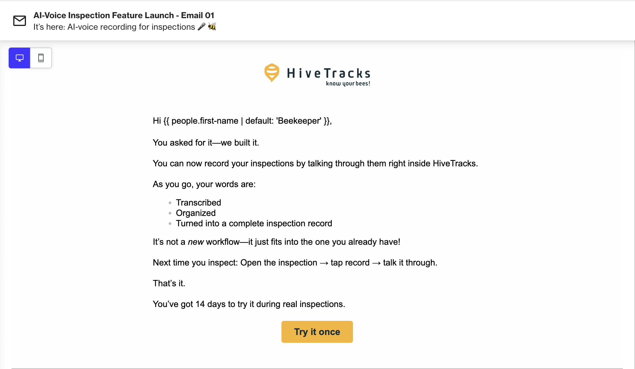 HiveTracks Pro launch email preview showing subject line 'It's here: AI-voice recording for inspections' and body copy opening with 'You asked for it—we built it'