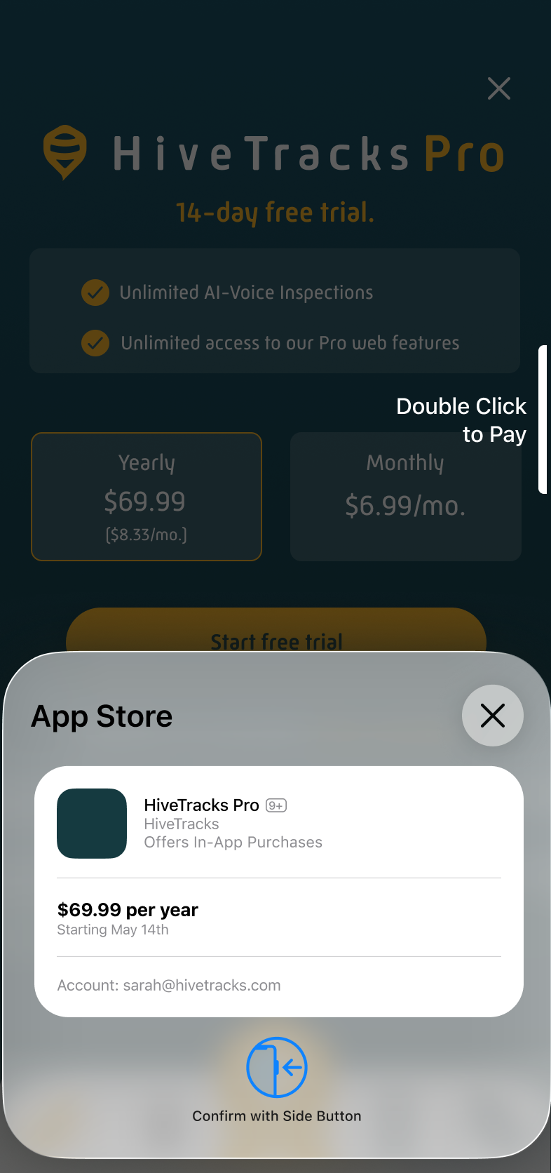 Apple App Store subscription confirmation for HiveTracks Pro at 69.99 per year