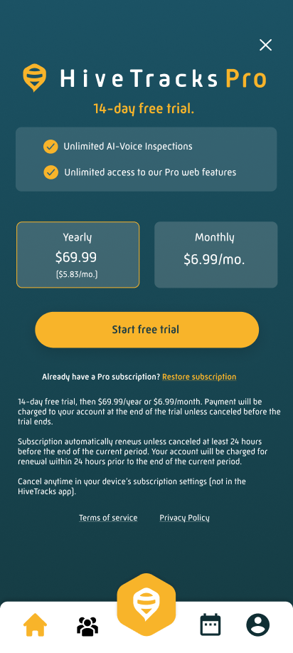 Google Play subscription screen for HiveTracks Pro at 6.99 per month