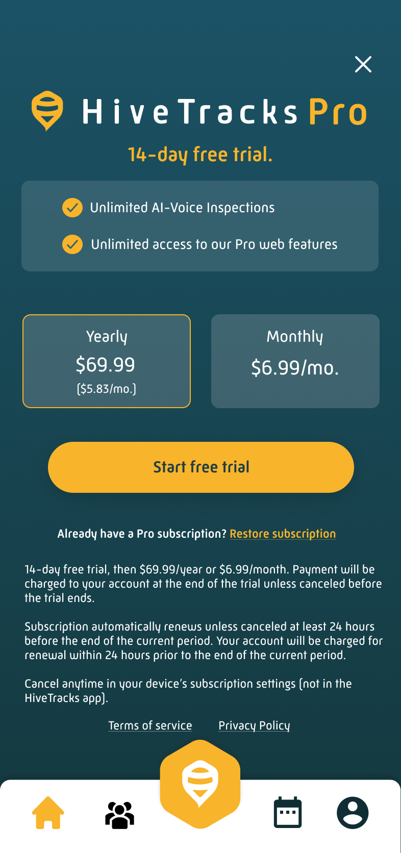 HiveTracks Pro paywall showing 14-day free trial offer with yearly and monthly pricing options
