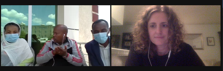Split-screen Zoom call: Ethiopian beekeeper and translator on the left, Sarah in Los Angeles on the right